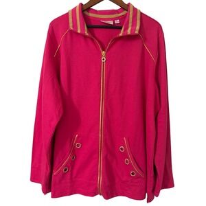 Quacker Factory Pink Full Zip Jacket Gold Trim Rhinestone Grommets Womens 2X